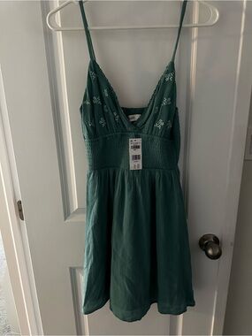 Green Spaghetti Strap Sundress/ Romper with Embroidered Bodice